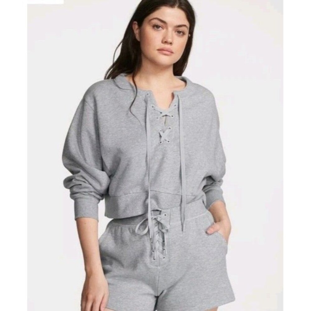 Victoria's Secret Grey Lace Up Crewneck Relaxed Crop Pullover Sweatshirt XL  NEW